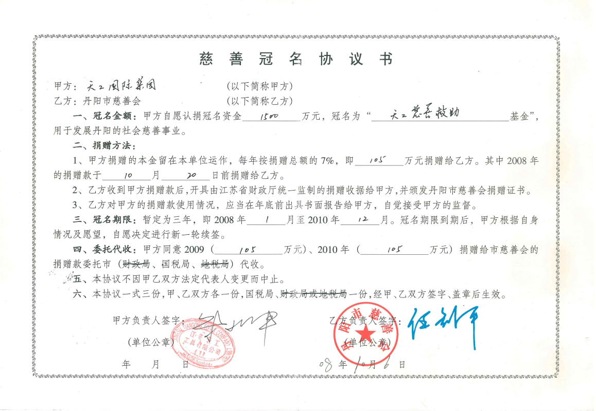 2008年市級天工國際慈善冠名協(xié)議